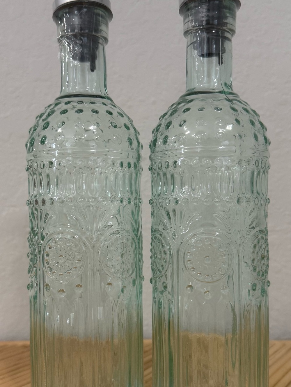Set of 2 - G. H. Etrusco Embossed Glass Oil & Vinegar Cruets Translucent Green